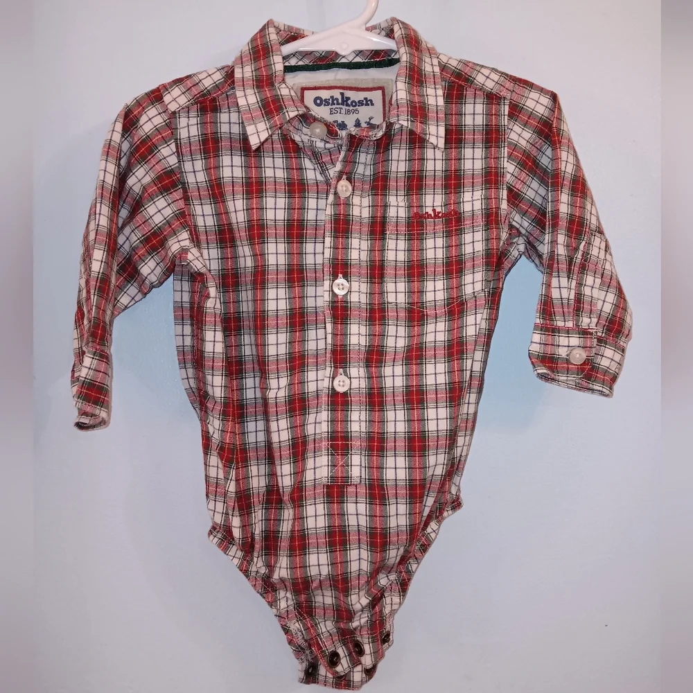 Vintage OSH KOSH BGOSH snap button down collared long sleeve onesie red plaid